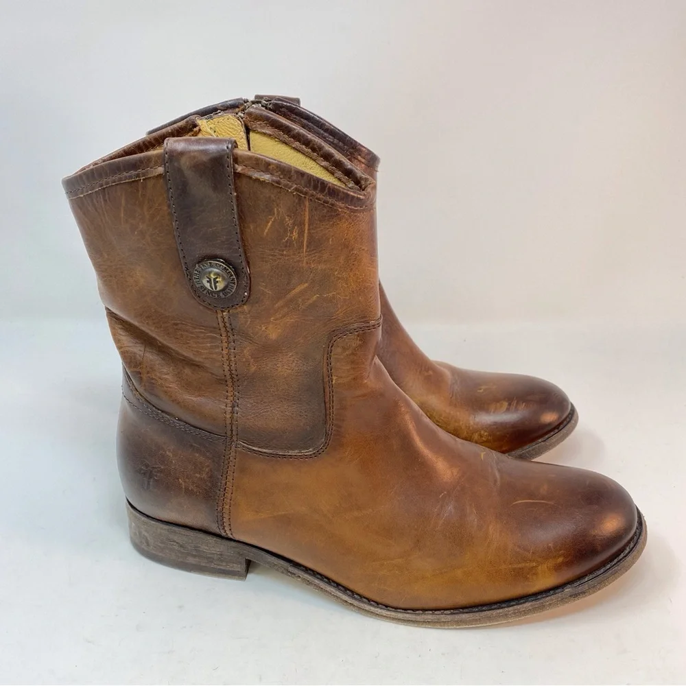 FRYE Melissa Women's 7.5 B Brown Genuine Leather Ankle Boots Cowgirl Zip Up - Picture 2 of 16